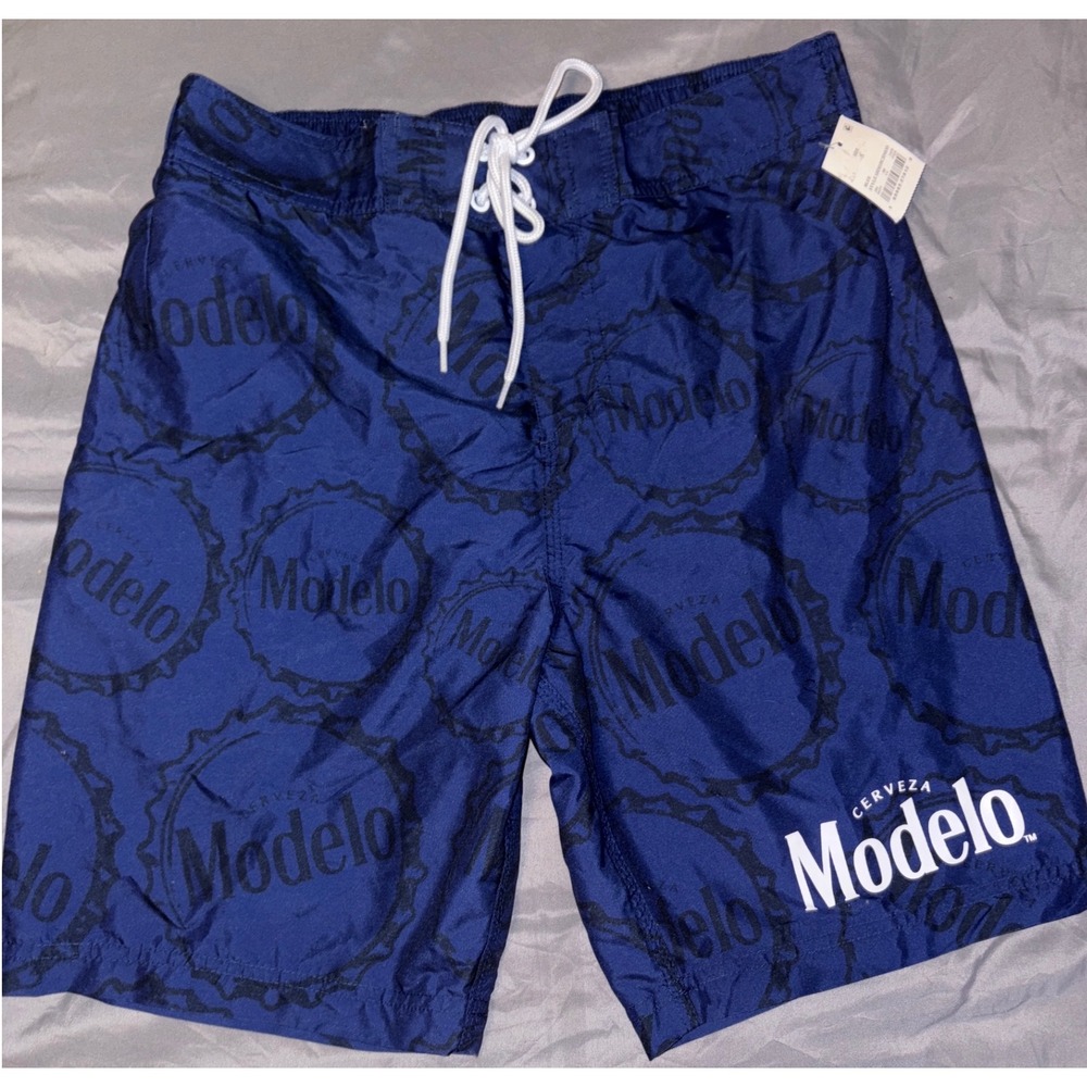 NEW Modelo Cerveza‎ Men's Navy Blue Board Shorts Lined Swim Trunks, Small